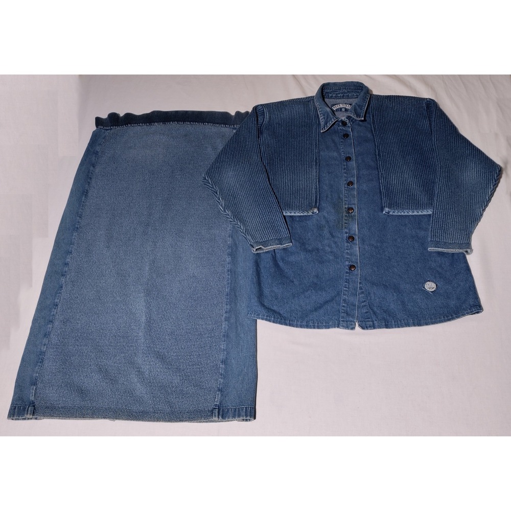 Blue Willis Denim Skirt Set Women's Vintage 90s Shirt Small Skirt Medium - Stain